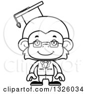 Lineart Clipart Of A Cartoon Black And White Happy Monkey Professor Royalty Free Outline Vector Illustration