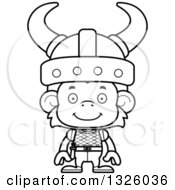 Lineart Clipart Of A Cartoon Black And White Happy Monkey Viking Royalty Free Outline Vector Illustration