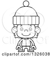 Lineart Clipart Of A Cartoon Black And White Happy Monkey In Winter Clothes Royalty Free Outline Vector Illustration