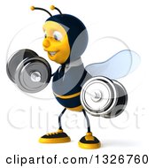 Clipart Of A 3d Happy Business Bee Working Out Facing Left Doing Bicep Curls With Dumbbells Royalty Free Illustration