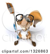 3d Bespectacled Casual Squirrel Wearing A White T Shirt Looking Up And Holding A Giant Toothbrush