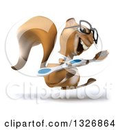 3d Bespectacled Casual Squirrel Wearing A White T Shirt Facing Right Jumping And Holding A Giant Toothbrush