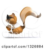 3d Casual Squirrel Wearing A White T Shirt And Sunglasses Facing Left And Hopping With An Acorn