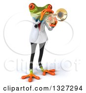 Clipart Of A 3d Green Doctor Springer Frog Facing Slightly Right And Playing A Trumpet Royalty Free Illustration