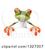 Clipart Of A 3d Casual Green Springer Frog Wearing A White T Shirt Over A Sign 2 Royalty Free Illustration