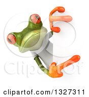 Clipart Of A 3d Casual Green Springer Frog Wearing A White T Shirt And Pointing Around A Sign Royalty Free Illustration
