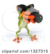 Clipart Of A 3d High View Of A Green Springer Frog Facing Slightly Right Wearing Sunglasses And Taking Pictures With A Camera Royalty Free Illustration