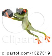 Clipart Of A 3d Green Springer Frog Wearing Sunglasses Leaping To The Left And Taking Pictures With A Camera Royalty Free Illustration