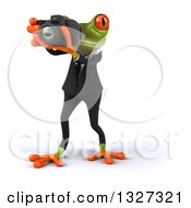 Clipart Of A 3d Green Business Springer Frog Walking And Taking Pictures Royalty Free Illustration
