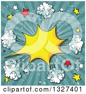 Poster, Art Print Of Grungy Distressed Yellow Comic Burst With Poofs And Stars Over Rays
