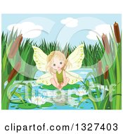 Poster, Art Print Of Cute Blond White Toddler Fairy Girl Sitting On A Pond Lily Pad