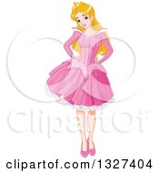 Happy Caucasian Princess Sleeping Beauty Posing In A Pink Dress
