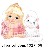 Poster, Art Print Of Blond Caucasian Princess In A Pink Gown Resting Her Chin In Her Hand On A Table By A Happy White Cat