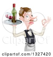 Cartoon Caucasian Male Waiter With A Curling Mustache Gesturing Ok And Holding Red Wine On A Tray