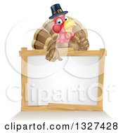 Happy Thanksgiving Pilgrim Turkey Bird Giving A Thumb Up Over A Blank White Board Sign