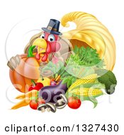 Poster, Art Print Of Cute Turkey Bird Pilgrim Giving A Thumb Up With Harvest Produce And A Cornucopia 2