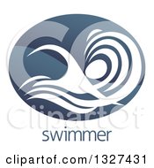 Poster, Art Print Of Shiny Gradient Dark Blue Abstract Swimmer Doing The Butterfly In Waves Over Sample Text