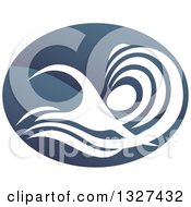 Clipart Of A Shiny Gradient Dark Blue Abstract Swimmer Doing The Butterfly In Waves Royalty Free Vector Illustration