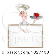 Poster, Art Print Of White Male Chef With A Curling Mustache Holding A Heart On A Platter And Pointing Down Over A White Sign