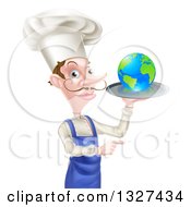 Poster, Art Print Of White Male Chef With A Curling Mustache Holding Earth On A Platter And Pointing