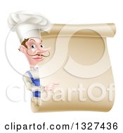 Poster, Art Print Of White Male Chef With A Curling Mustache Pointing Around A Blank Menu Scroll