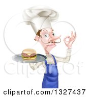 Clipart Of A White Male Chef With A Curling Mustache Holding A Cheeseburger On A Platter And Gesturing Okay Royalty Free Vector Illustration