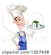 Poster, Art Print Of White Male Chef With A Curling Mustache Holding A Gift On A Platter