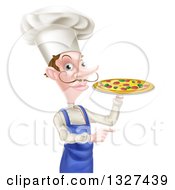 Poster, Art Print Of White Male Chef With A Curling Mustache Holding A Pizza And Pointing