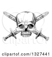Clipart Of A Black And White Engraved Pirate Skull And Cross Swords Royalty Free Vector Illustration