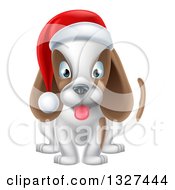 Poster, Art Print Of Happy Christmas Dog Sitting And Wearing A Santa Hat