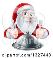 Happy Christmas Santa Claus Sitting With A Cloche Platter And Holding Silverware