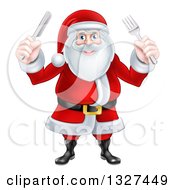 Happy Christmas Santa Claus Standing And Holding Silverware
