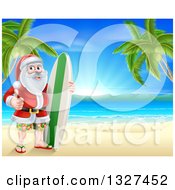 Poster, Art Print Of Christmas Santa Claus Giving A Thumb Up And Standing With A Surf Board On A Tropical Beach