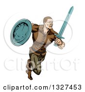 Muscular Viking Warrior Sprinting With A Sword And Shield
