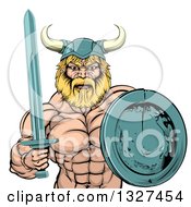 Poster, Art Print Of Cartoon Tough Muscular Blond Male Viking Warrior Holding A Sword And Shield
