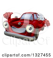 Happy Cartoon Red Car Character Mechanic Holding A Wrench And Thumb Up 2