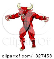 Poster, Art Print Of Vicious Snarling Red Bull Man Minotaur Monster Mascot Attacking