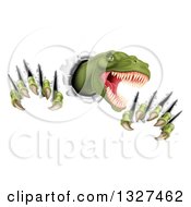 Poster, Art Print Of 3d Roaring Green Tyrannosaurus Rex Dinosaur Slashing Through Metal