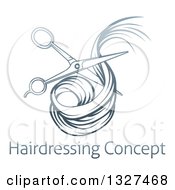 Clipart Of Blue Gradient Scissors Cutting Hair Over Sample Text Royalty Free Vector Illustration by AtStockIllustration