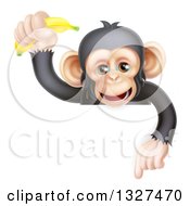 Poster, Art Print Of Happy Chimpanzee Monkey Holding Up A Banana And Pointing Down Over A Sign