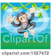 Poster, Art Print Of Happy Chimpanzee Monkey Swinging From A Vine Over A Valley