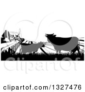 Poster, Art Print Of Black And White Sunrise Over A Farm House With Silhouetted Cows And Fields