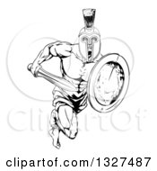 Clipart Of A Black And White Gladiator Man In A Helmet Sprinting With A Sword And Shield Royalty Free Vector Illustration by AtStockIllustration