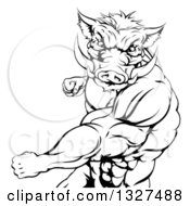 Poster, Art Print Of Black And White Muscular Fighting Boar Man Punching