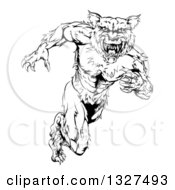 Clipart Of A Black And White Muscular Wolf Man Sprinting Upright Royalty Free Vector Illustration