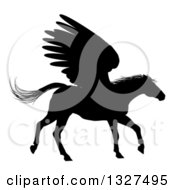 Poster, Art Print Of Black Silhouetted Trotting Winged Pegasus Horse