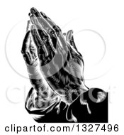 Clipart Of A Black And White Engraved Prayer Hands Royalty Free Vector Illustration by AtStockIllustration