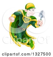Poster, Art Print Of Brunette Caucasian Male Super Hero Running With A Garden Trowel