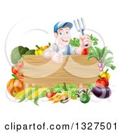 Poster, Art Print Of Middle Aged Brunette White Male Gardener In Blue Holding Up A Garden Fork And Giving A Thumb Up Over A Blank Wood Sign With Produce