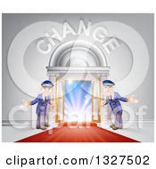 Poster, Art Print Of Welcoming Door Men At An Entry With A Red Carpet Under Change Text